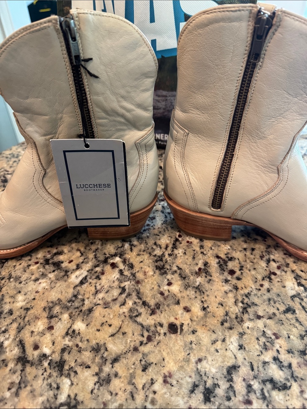 Lucchese Cream Cactus Side Zip Western Leather Ankle Boots - Picture 4 of 7